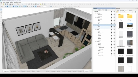 PRO100 v7 widok perspektywiczny 3D wnętrza nowoczesnej kuchni i salonu