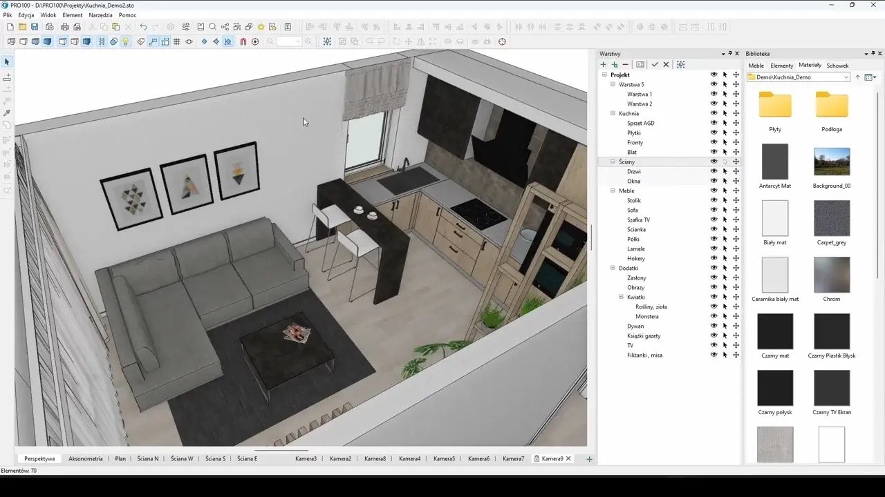 Interfejs programu PRO100 v7 z otwartym projektem pomieszczenia w widoku 3D